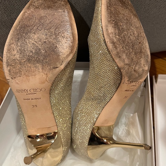 Jimmy Choo Glittering Gold Peep Toe Heels - Picture 2 of 3